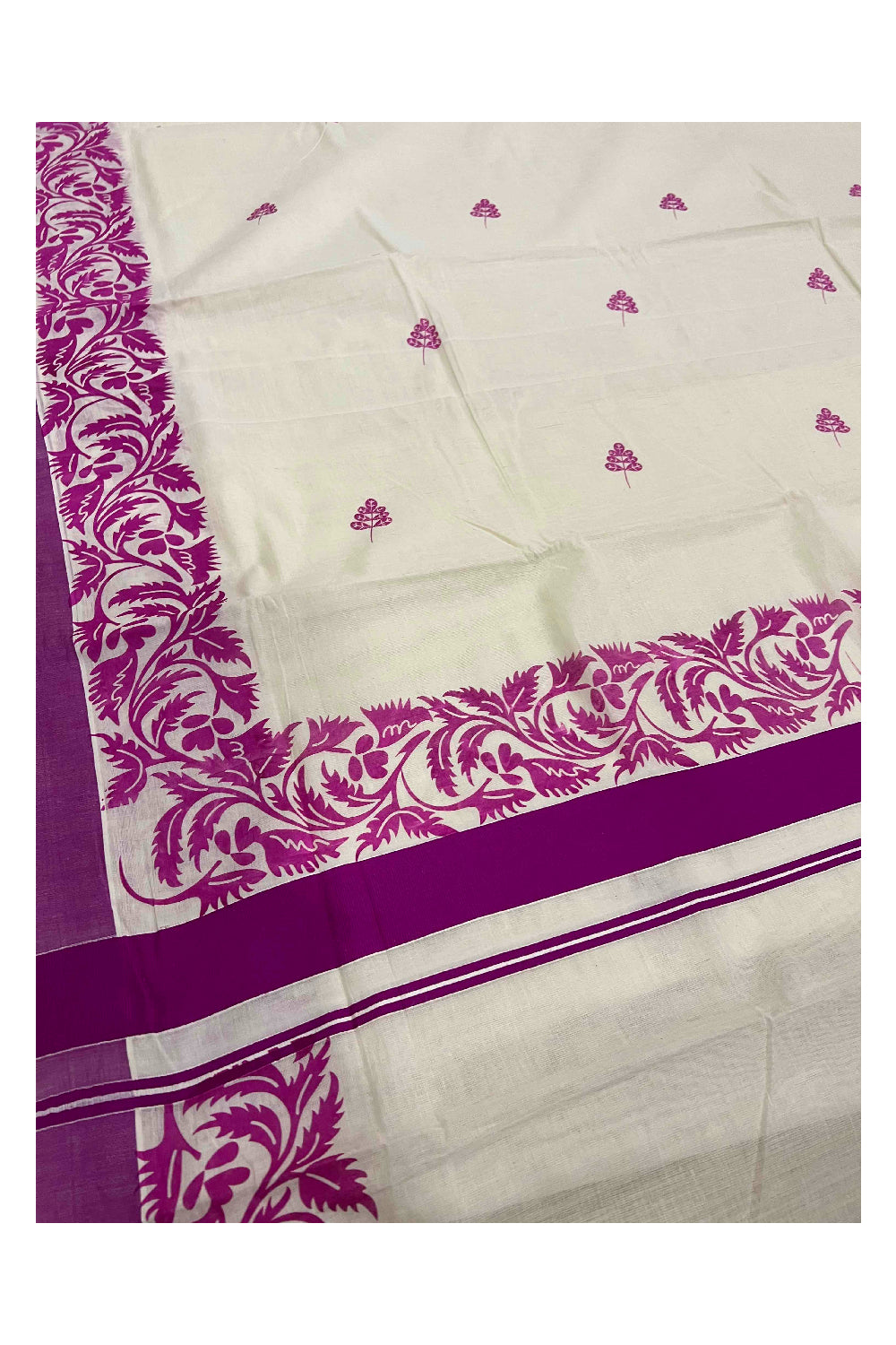 Pure Cotton Kerala Saree with Magenta Floral Block Printed Border