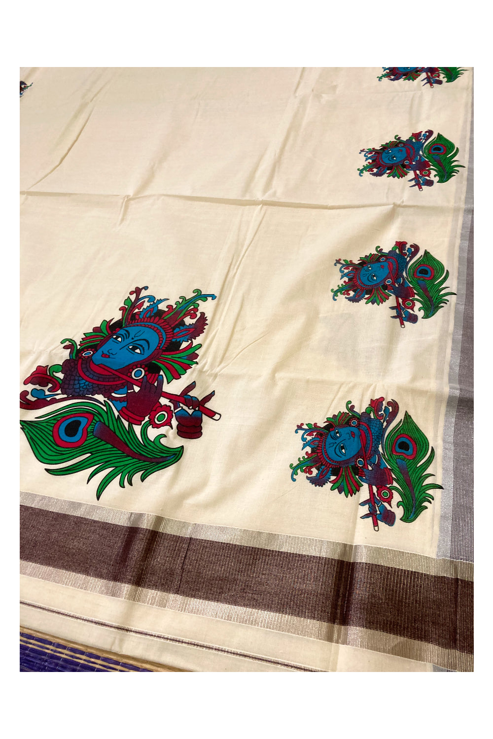 Pure Cotton Kerala Saree with Krishna Face Mural Prints and Silver Brown Border