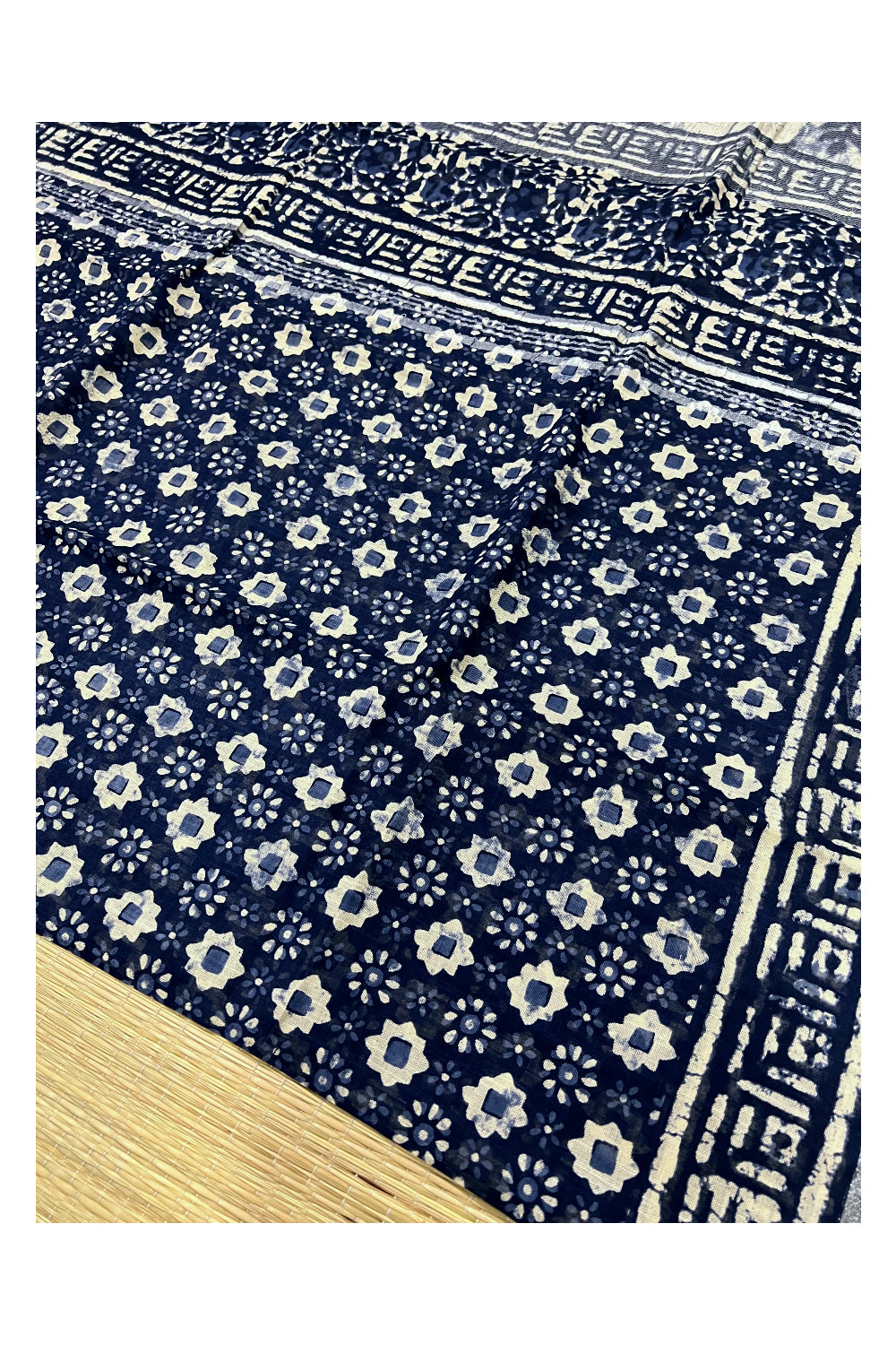 Southloom Linen Indigo Blue Saree with White Designer Prints and Tassels on Pallu