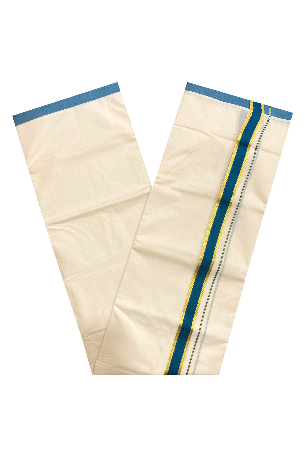 Off White Pure Cotton Double Mundu with Kasavu and Teal Blue Border (South Indian Dhoti)