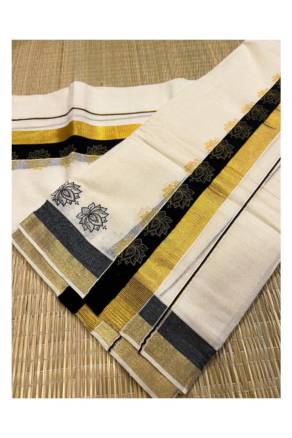 Kerala Cotton Kasavu Set Mundu (Mundum Neriyathum) with Black Floral Block Prints on Border 2.80 Mtrs