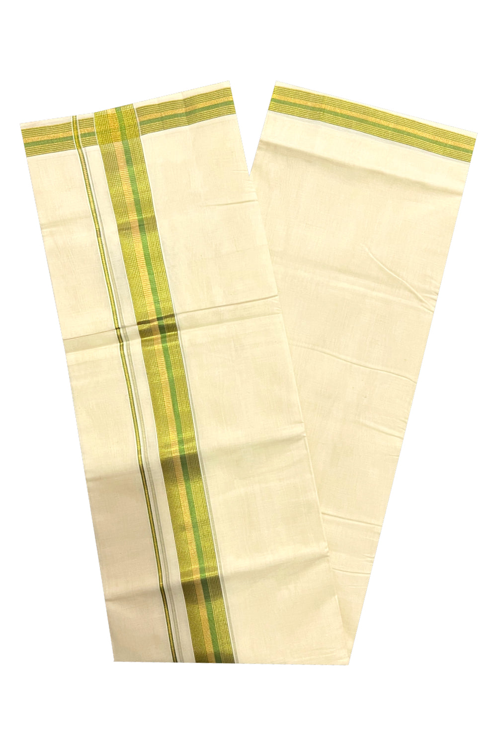 Southloom Premium Handloom Pure Cotton Mundu with Golden and Light Green Line Kasavu Border (South Indian Dhoti)