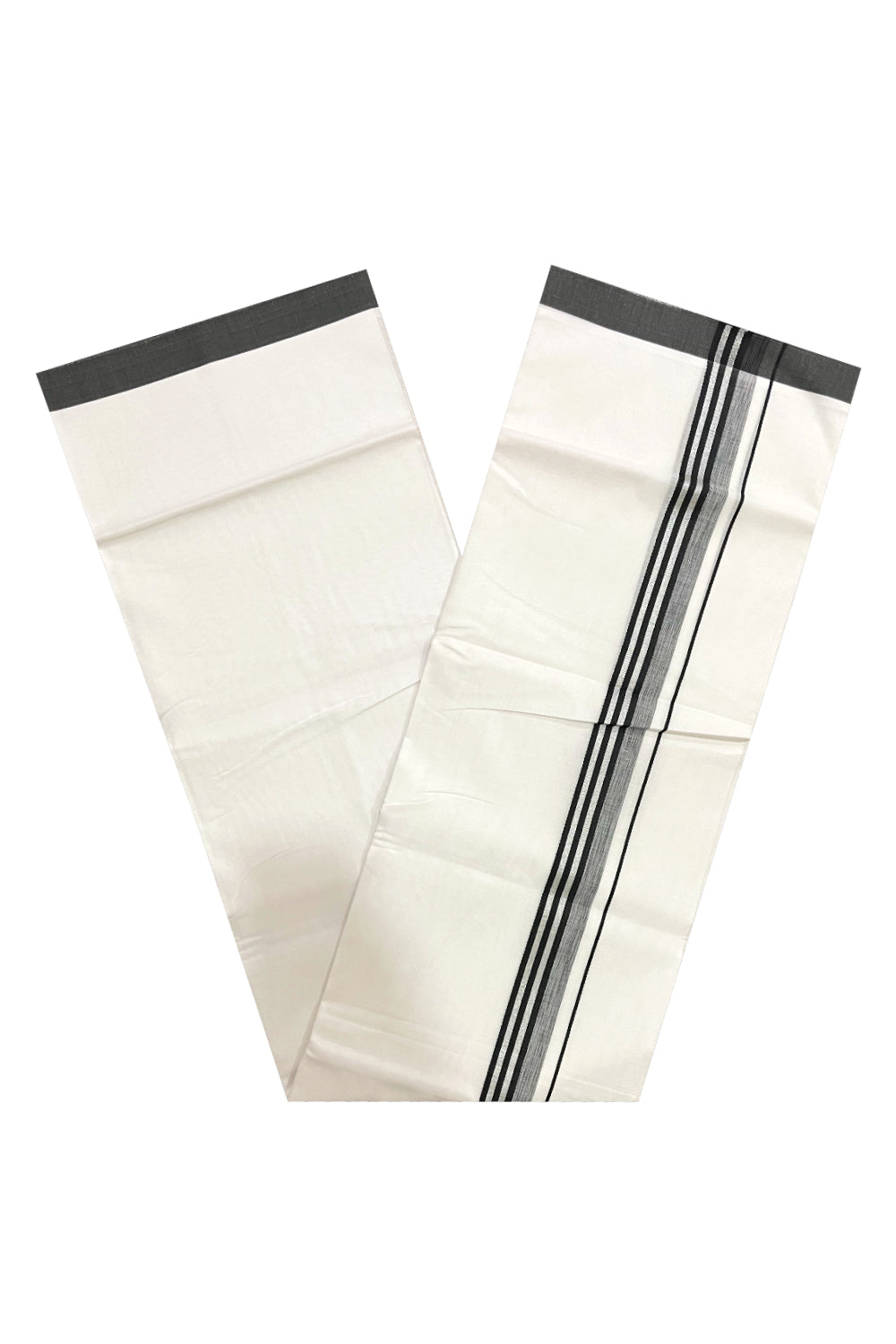 Pure White Cotton Double Mundu with Silver Kasavu and Black Border (South Indian Dhoti)