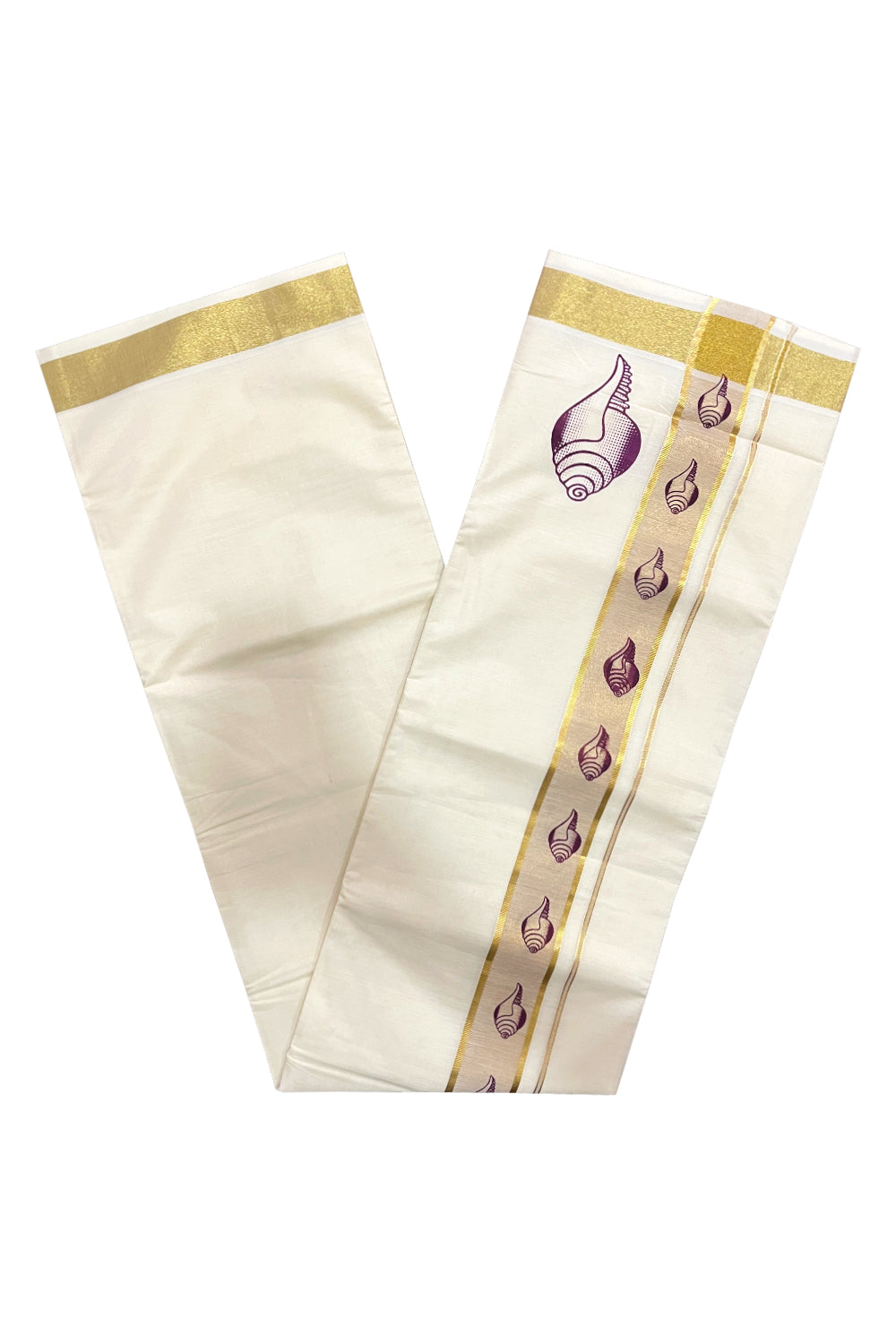 Pure Cotton Off White Double Mundu with Purple Block Prints on Kasavu Kara (South Indian Dhoti)