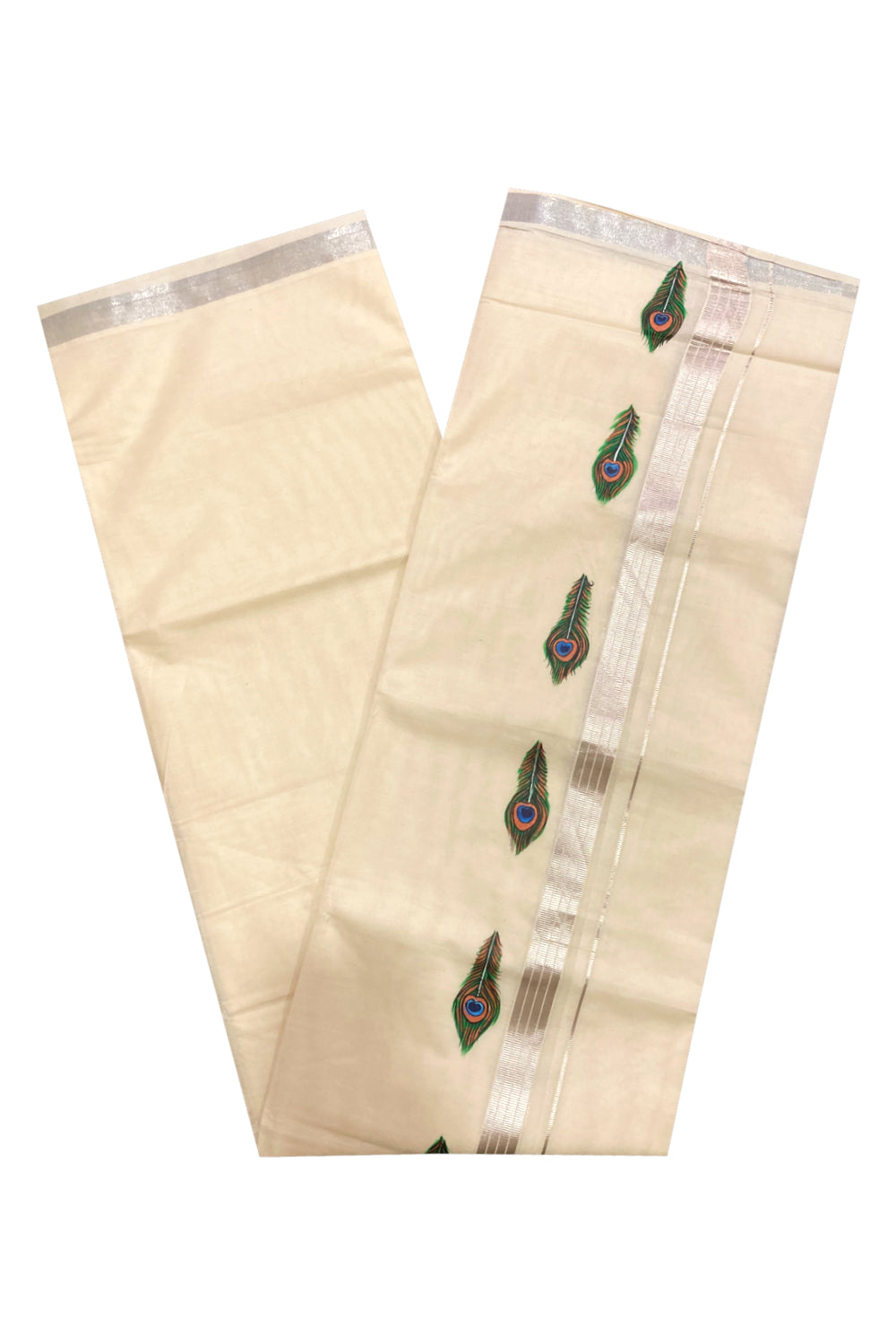 Off White Pure Cotton Double Mundu with Mural Prints on Silver Kasavu Kara (South Indian Dhoti)