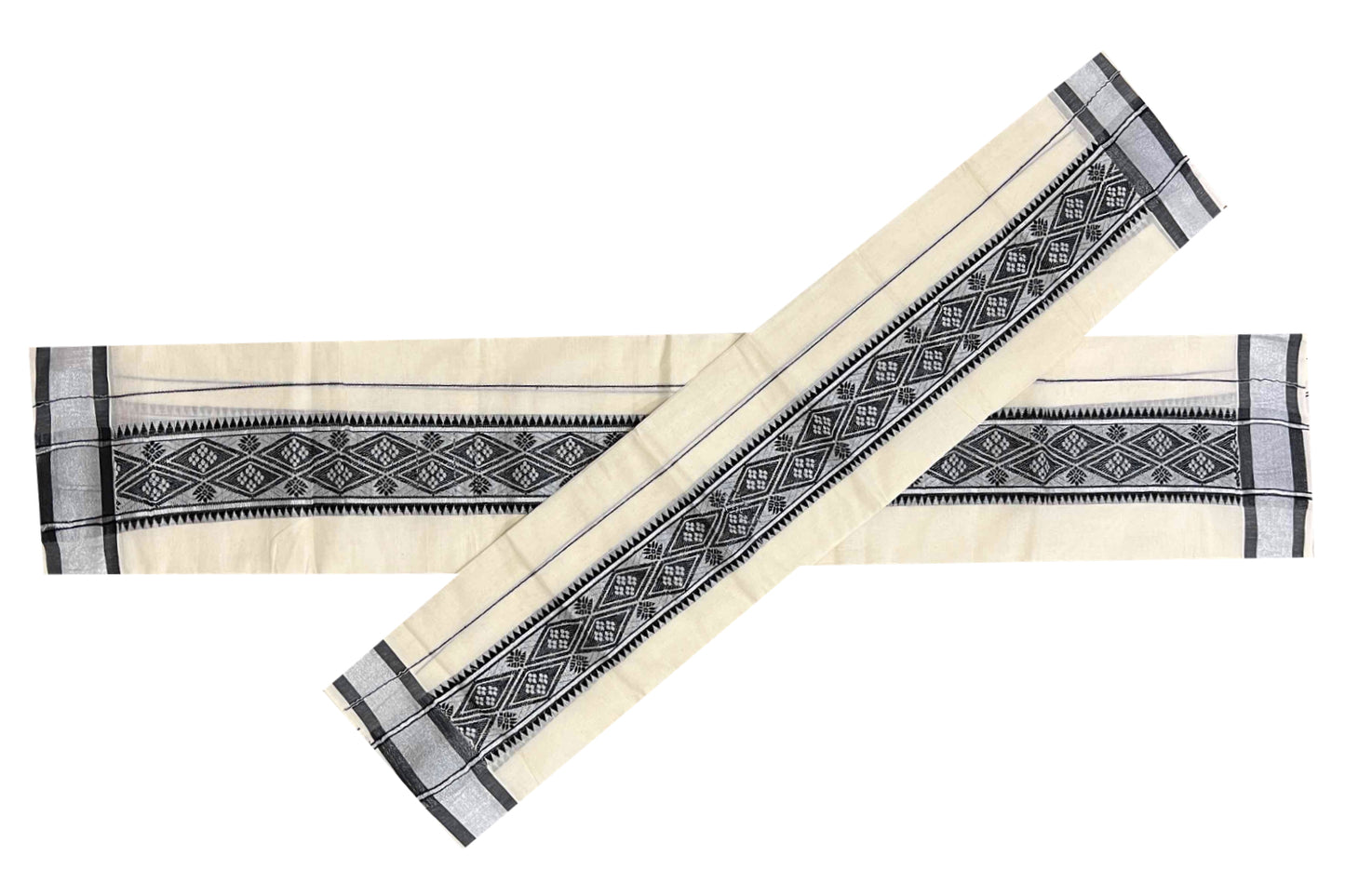 Kerala Cotton Set Mundu (Mundum Neriyathum) with Black and Silver Woven Border