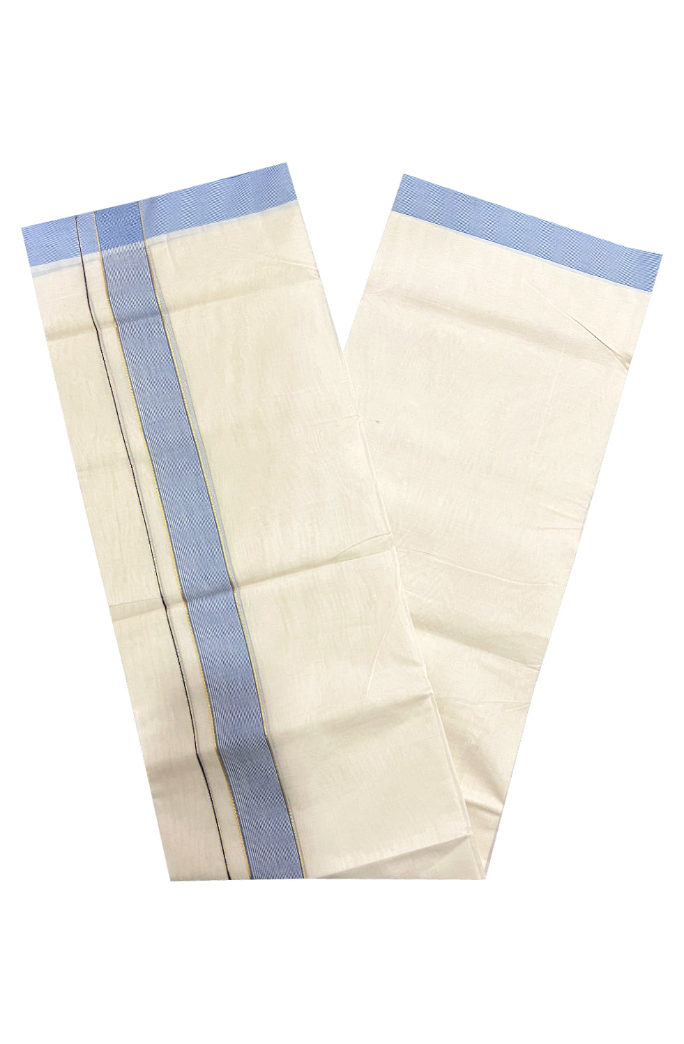 Pure Cotton Off White 100x100 Double Mundu with Kasavu and Blue Line Border (South Indian Dhoti)