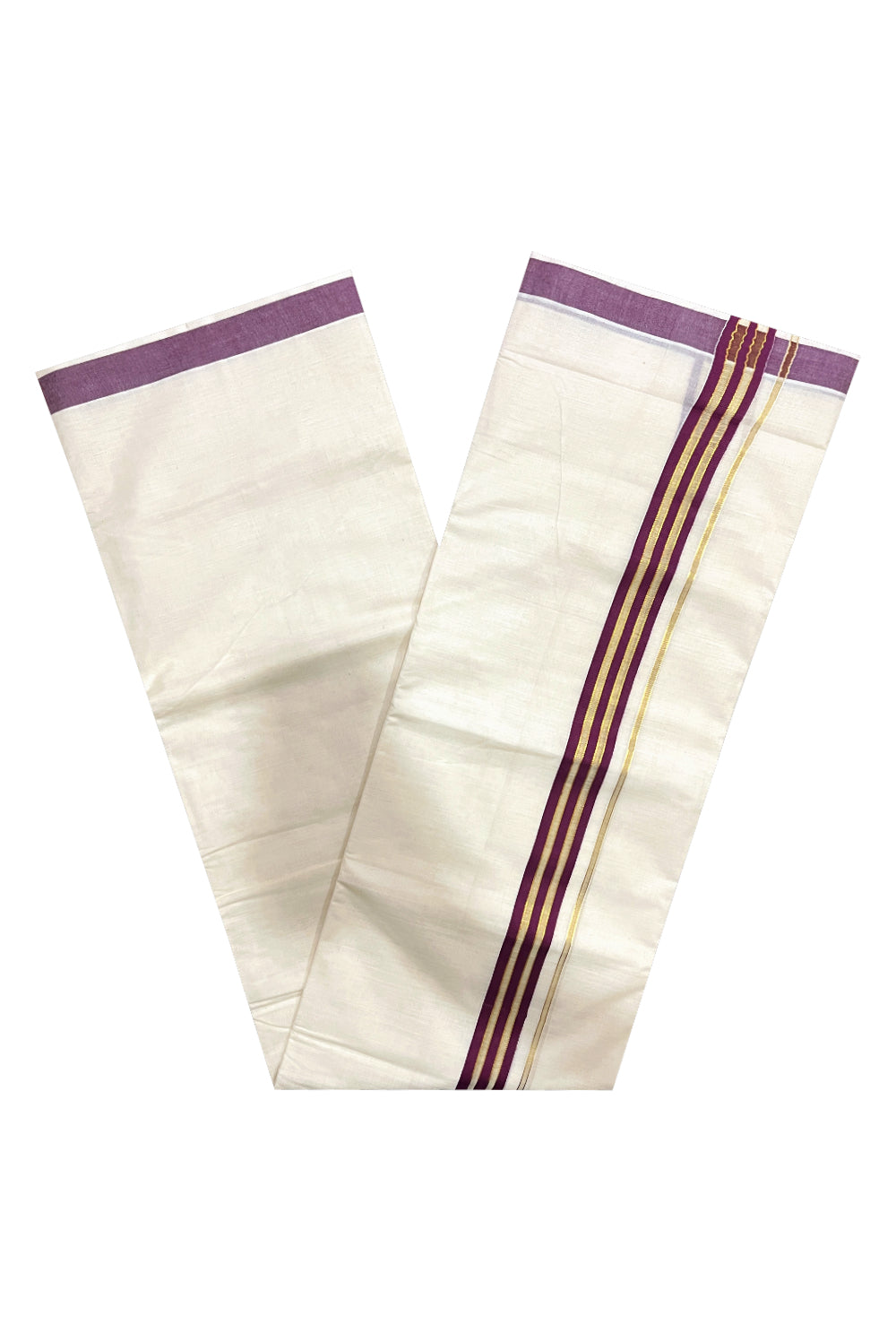 Pure Cotton Off White Double Mundu with Maroon and Kasavu Kara (South Indian Kerala Dhoti)