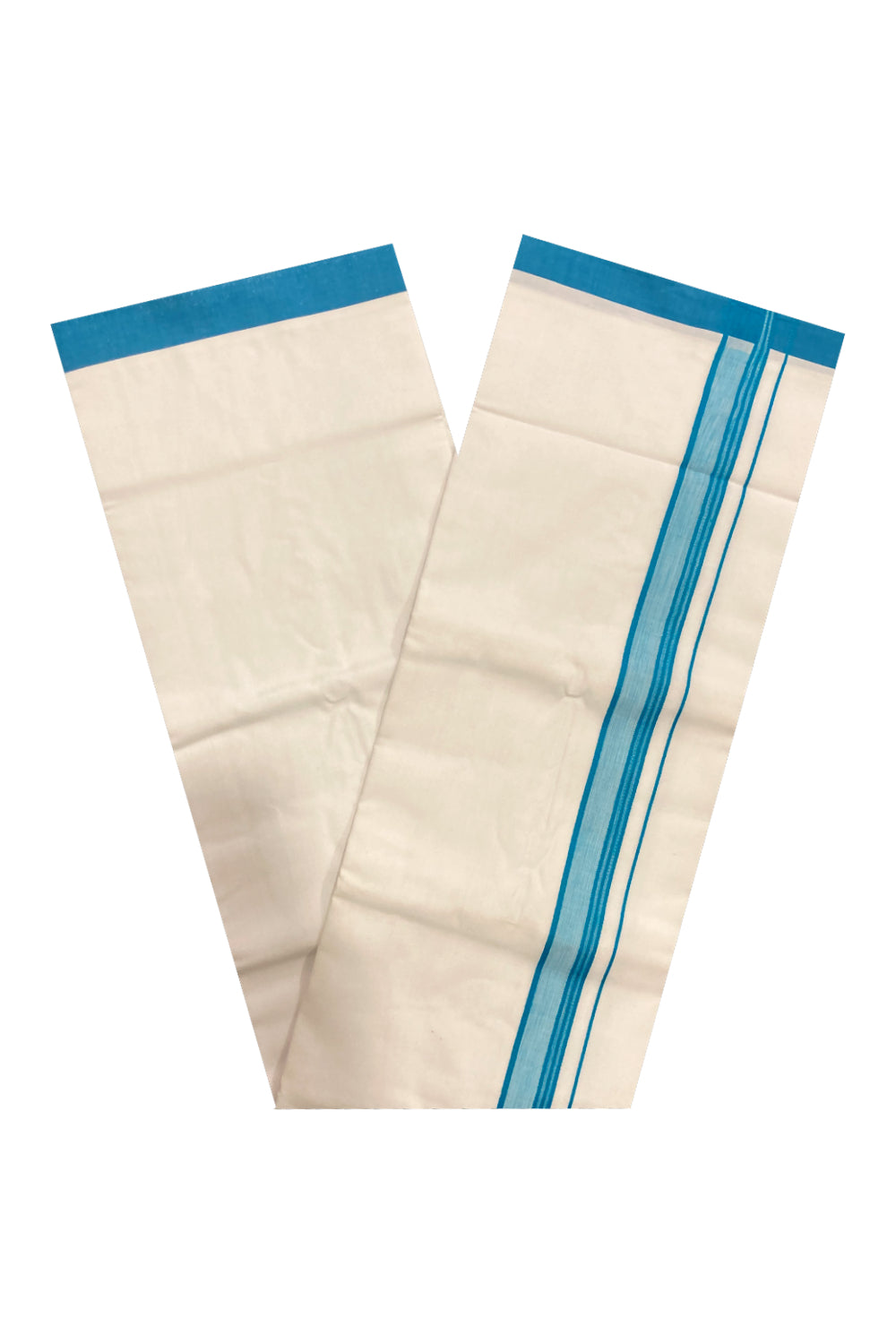 Pure White Cotton Double Mundu with Light Blue Border (South Indian Dhoti)