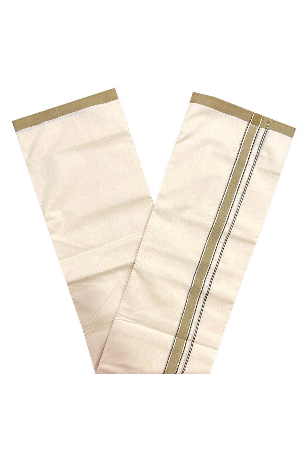 Southloom Premium Handloom Double Mundu with Light Brown and Silver Kasavu Border