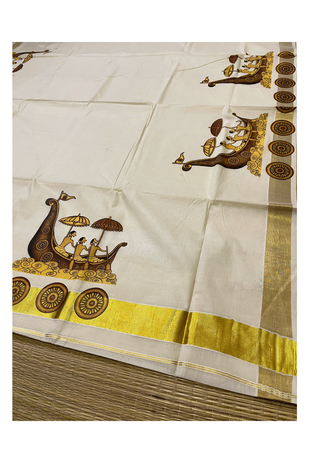 Kerala Pure Cotton Onam Saree with Mural Prints and Printed Kasavu Border