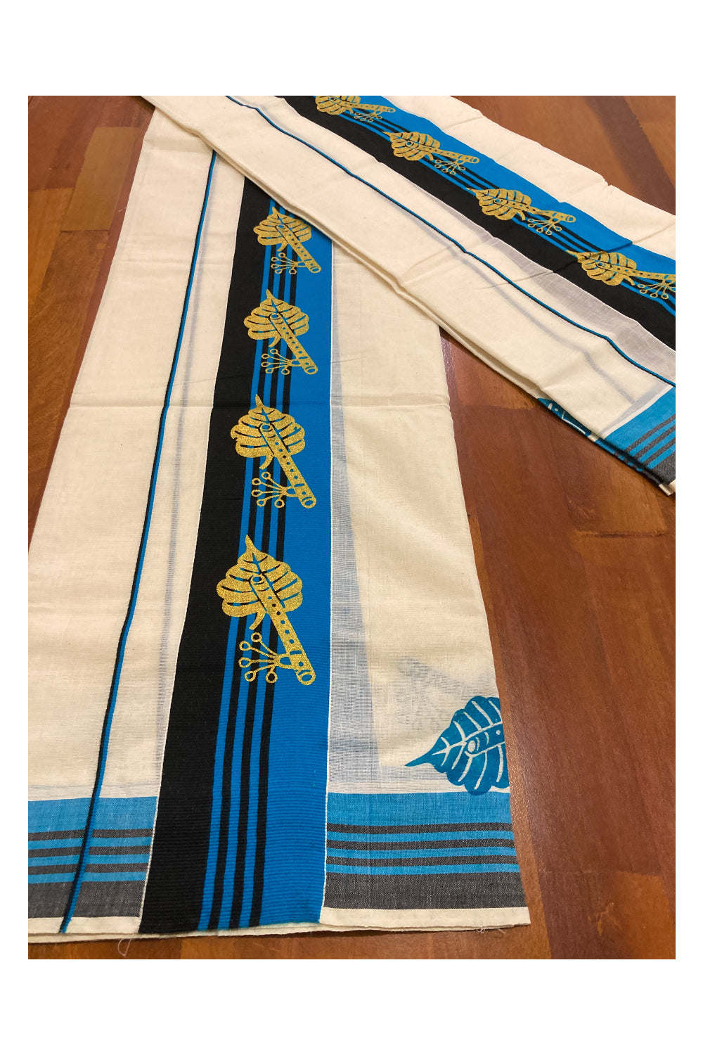 Cotton Set Mundu (Mundum Neriyathum) with Golden Block Prints on Black and Blue Border