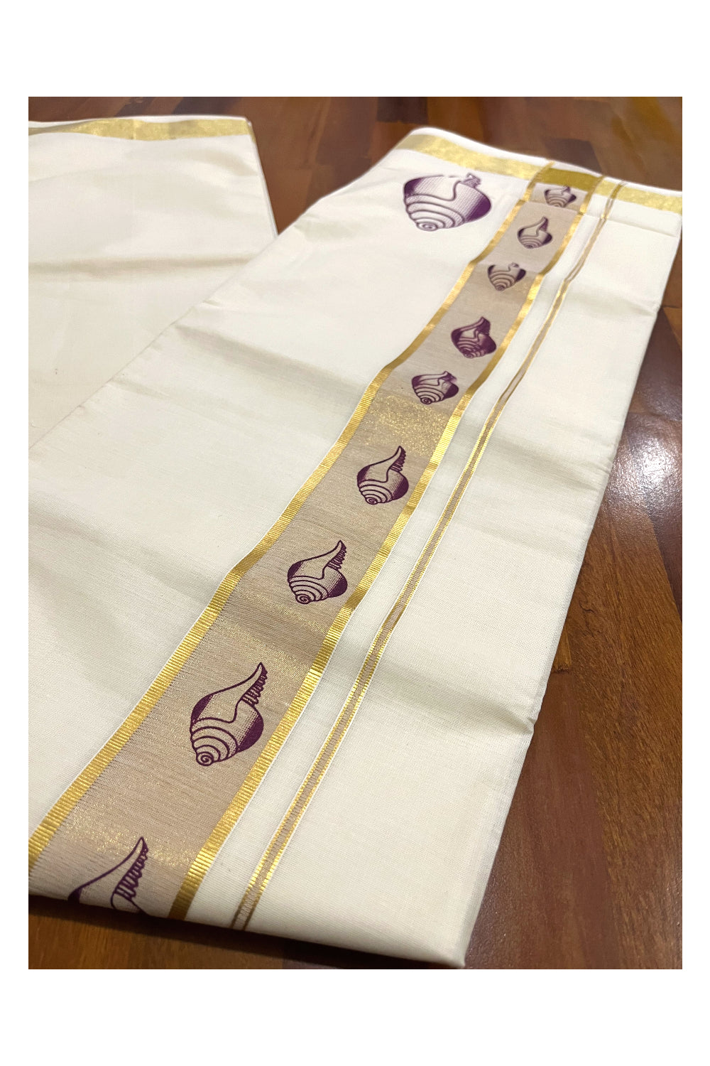 Pure Cotton Off White Double Mundu with Purple Block Prints on Kasavu Kara (South Indian Dhoti)