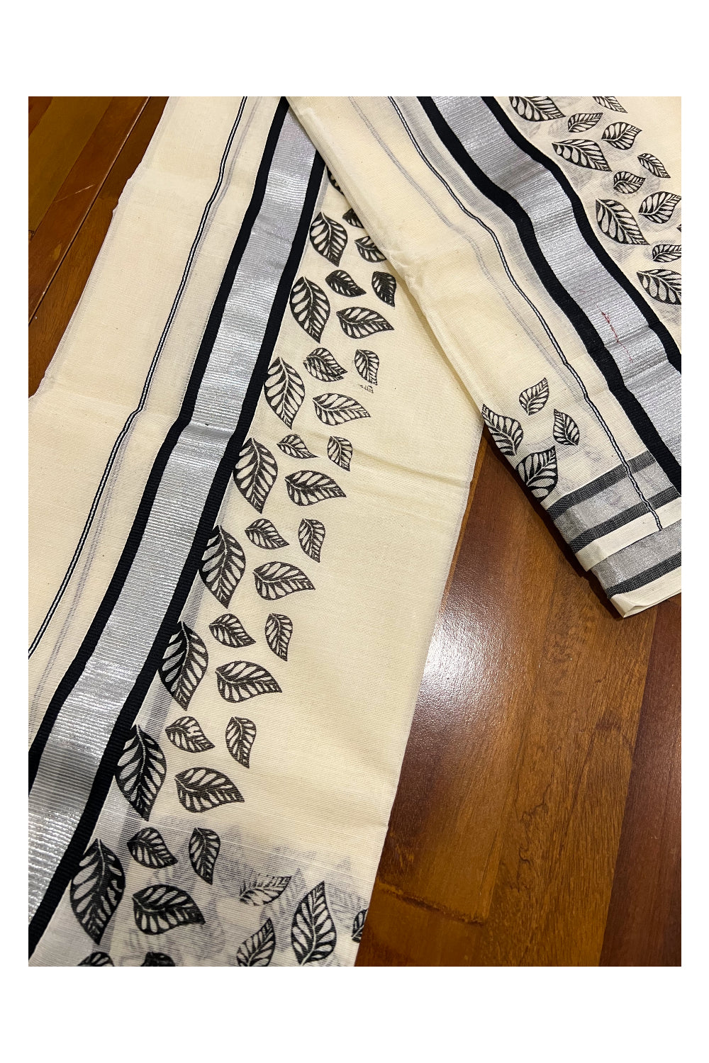 Cotton Silver Kasavu Set Mundu (Mundum Neriyathum) with Black Leaf Block Prints on Border