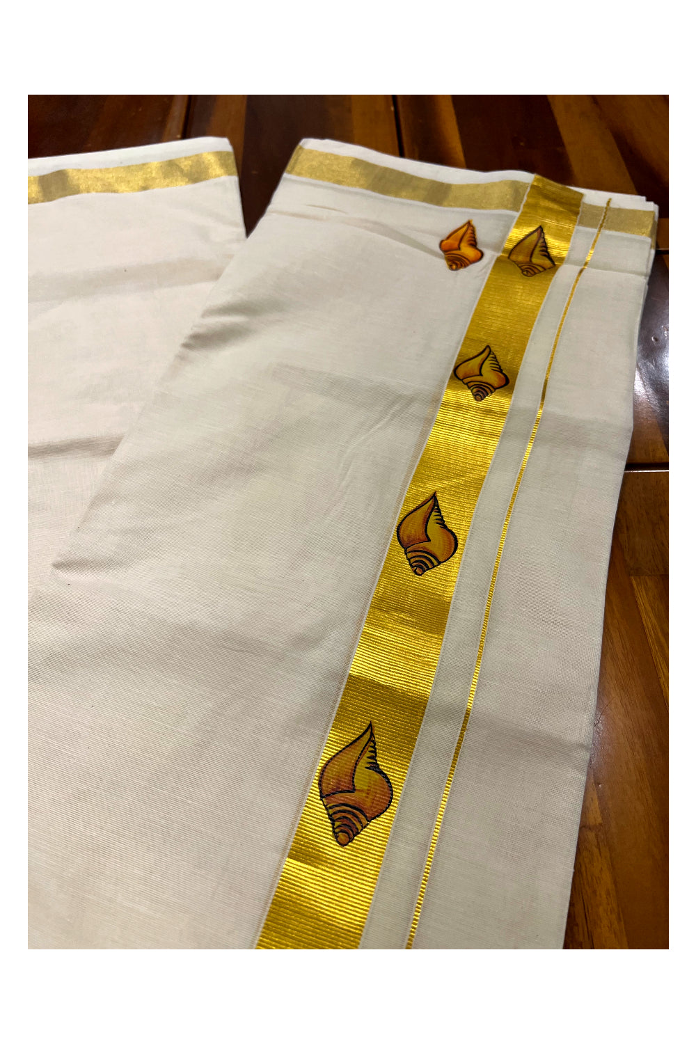 Pure Cotton Kasavu Mundu with Mural Hand Painted Shell Design (South Indian Kerala Dhoti)