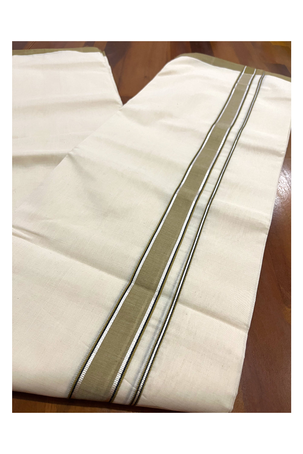 Southloom Premium Handloom Double Mundu with Light Brown and Silver Kasavu Border