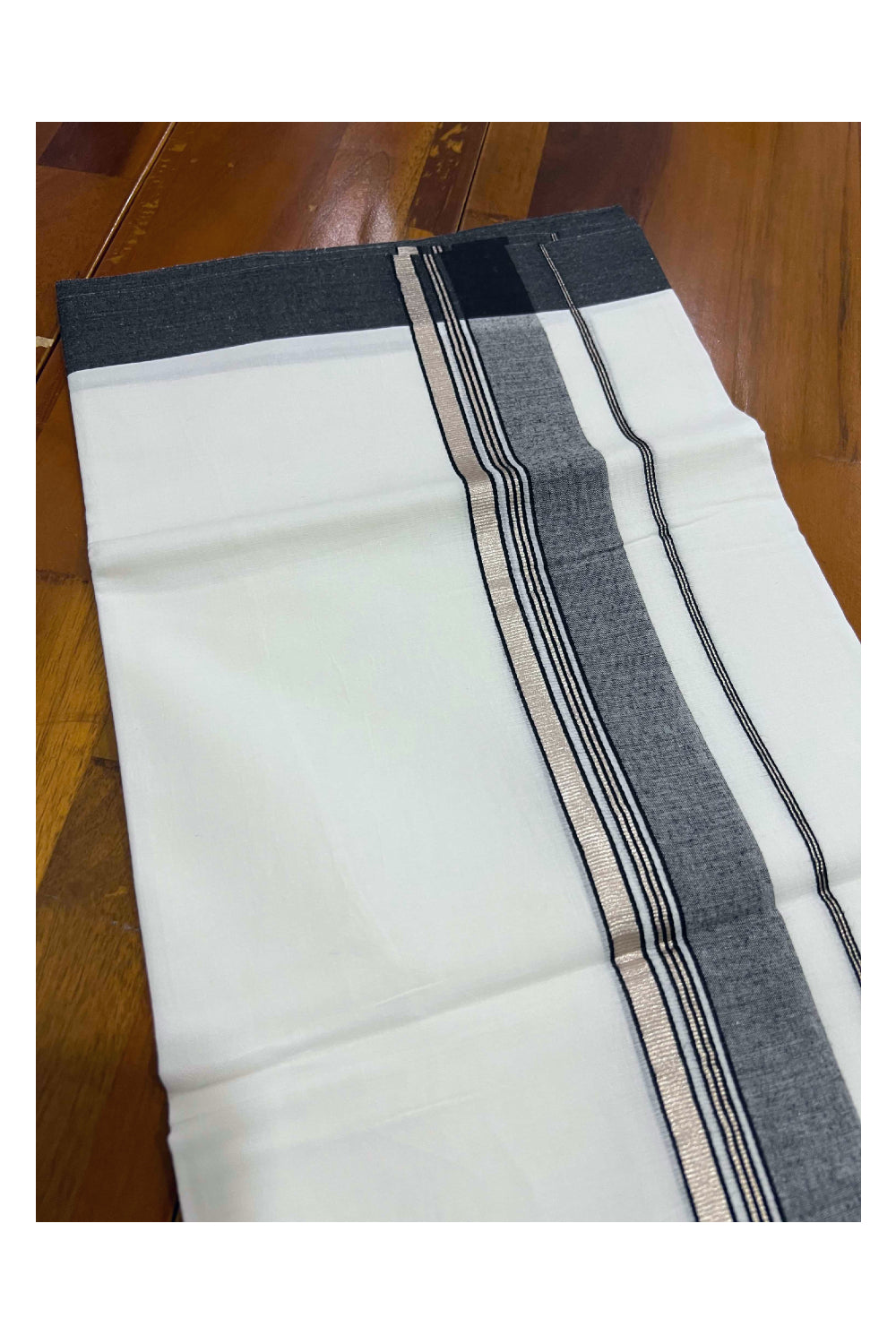 Pure White Cotton Mundu with Black and Silver Kasavu Kara (South Indian Dhoti)