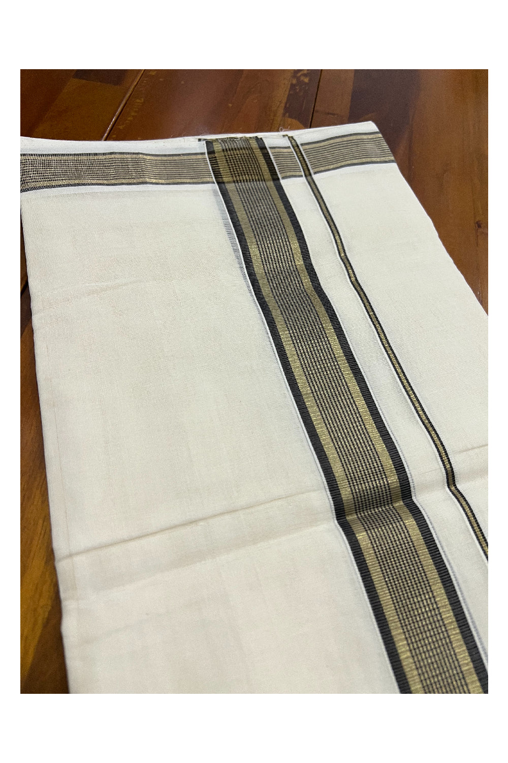 Southloom Kuthampully Handloom Pure Cotton Mundu with Golden and Black Kasavu Border (South Indian Kerala Dhoti)