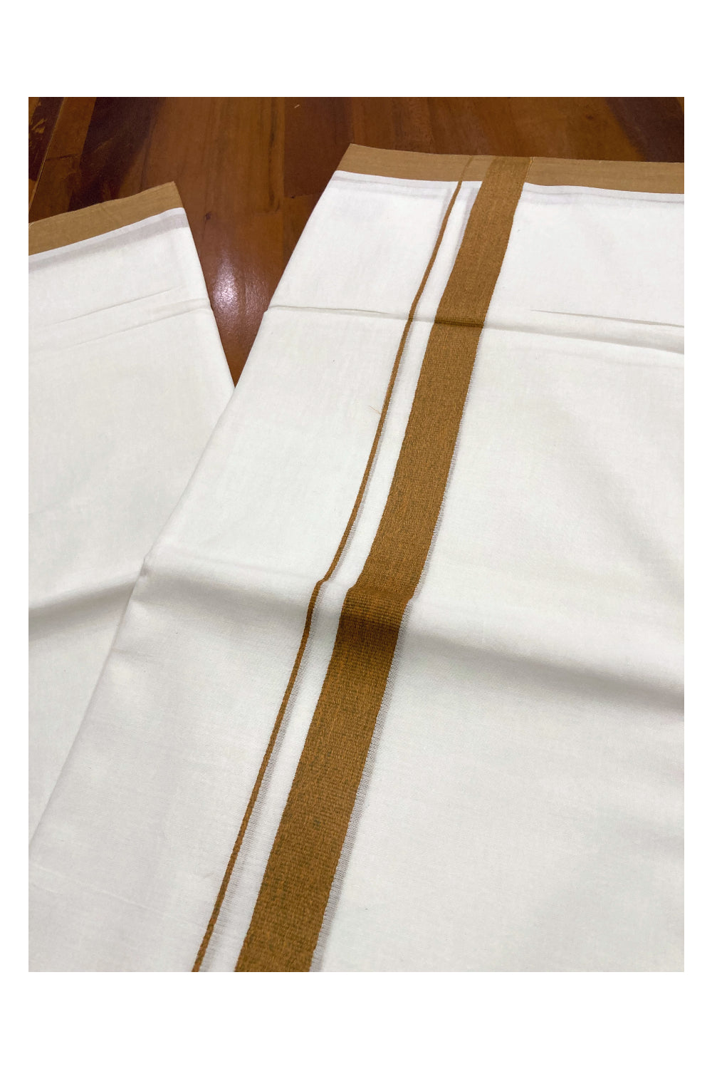 Pure White Kerala Cotton Double Mundu with Light Brown Border (South Indian Dhoti)