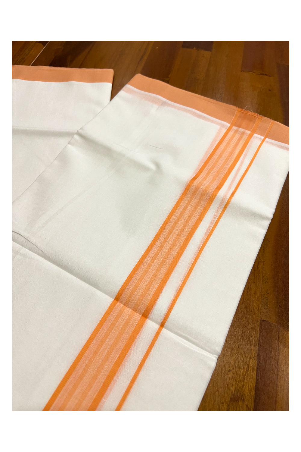 Pure White Cotton Double Mundu with Orange Border (South Indian Dhoti)