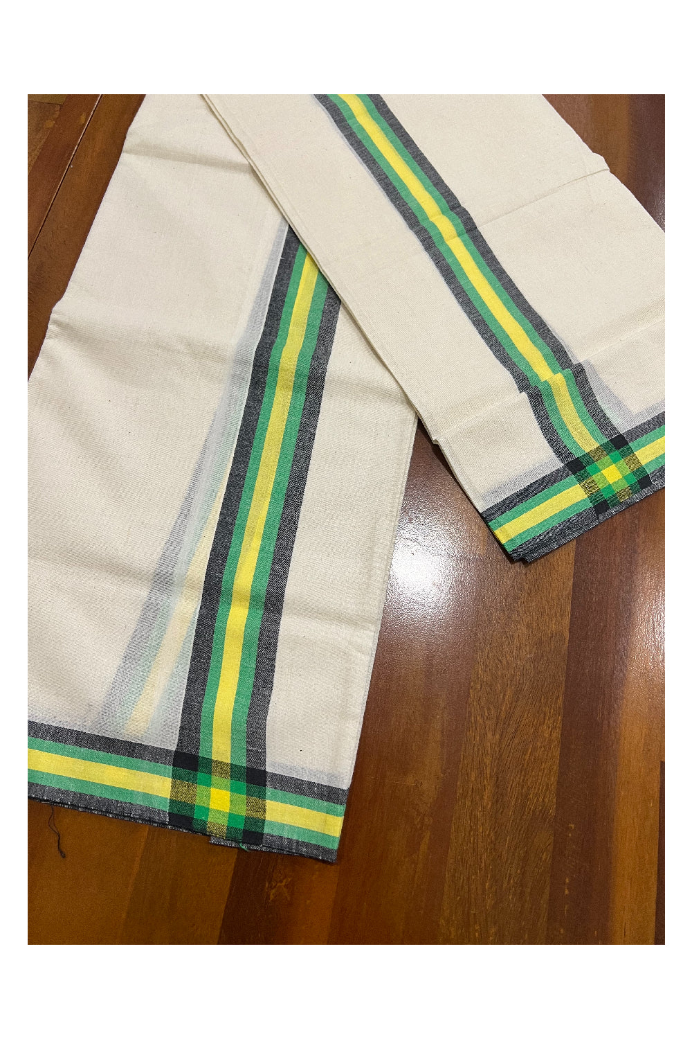 Kerala Cotton Mundum Neriyathum Single (Set Mundu) with Black Green and Yellow Mulloth Border (Extra Soft Cotton)