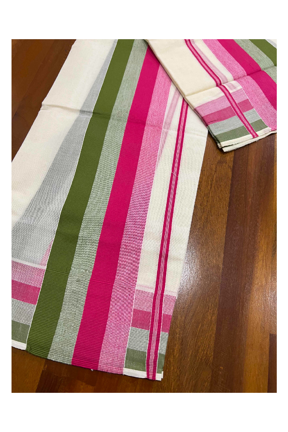 Kerala Cotton Mundum Neriyathum Single (Set Mundu) with Green and Pink Lines Border 2.80 Mtrs