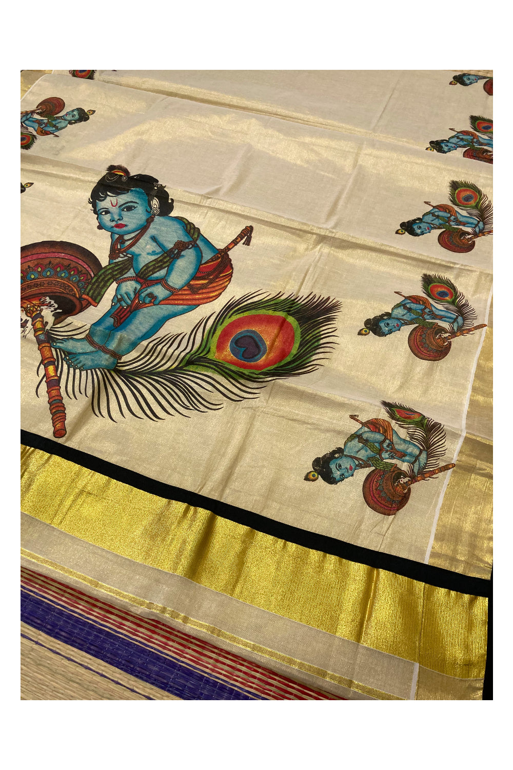 Kerala Tissue Kasavu Saree with Mural Baby Krishna Prints and Black Piping works on Border