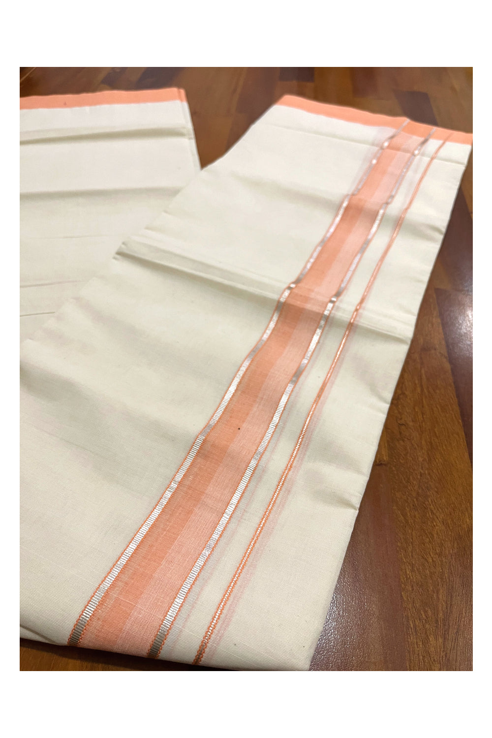 Pure Cotton Off White Double Mundu with Silver Kasavu and Peach Border (South Indian Dhoti)