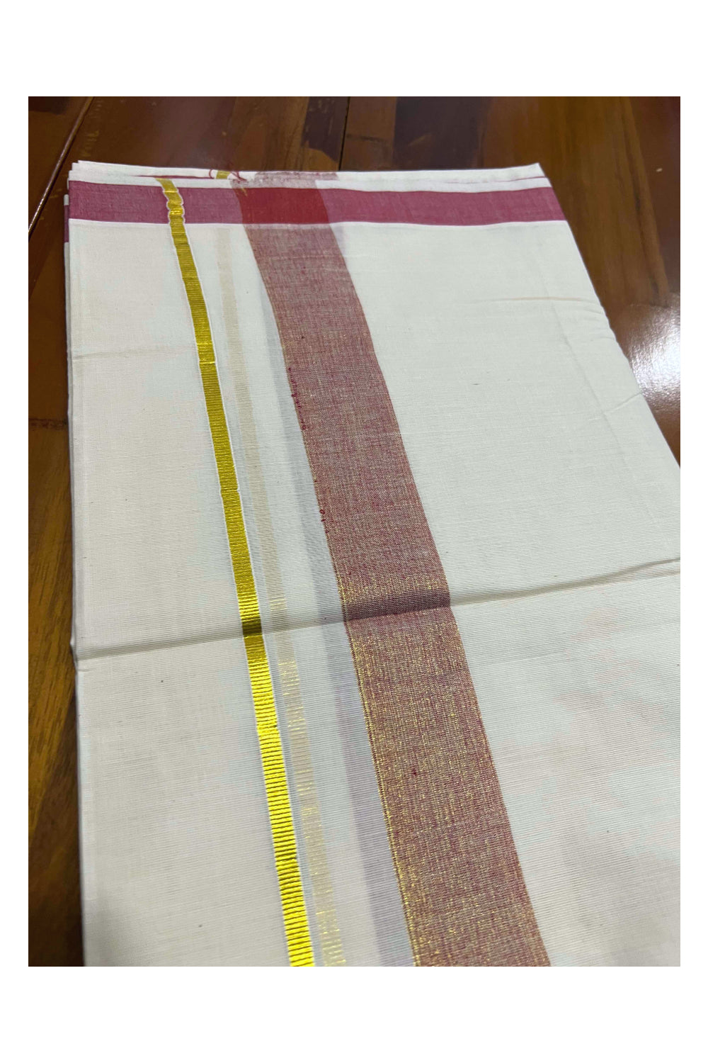 Off White Kerala Double Mundu with Dark Red and Kasavu Line Border (South Indian Dhoti)