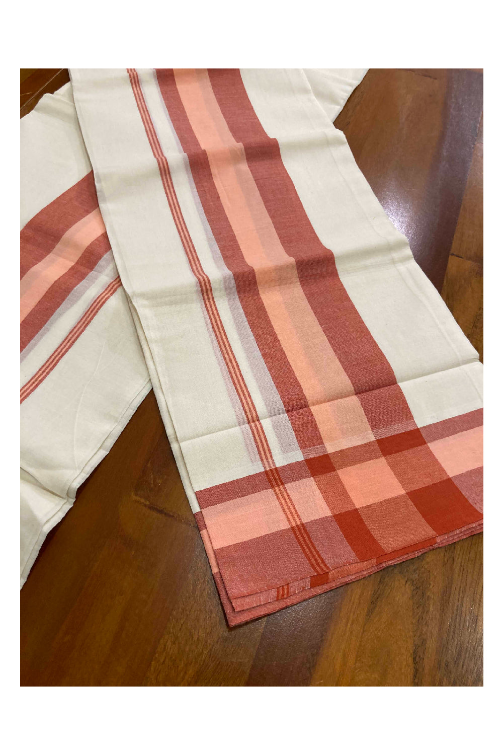 Kerala Cotton Mundum Neriyathum Single (Set Mundu) with Mulloth Design Orange and Red Border (Extra Soft Cotton)
