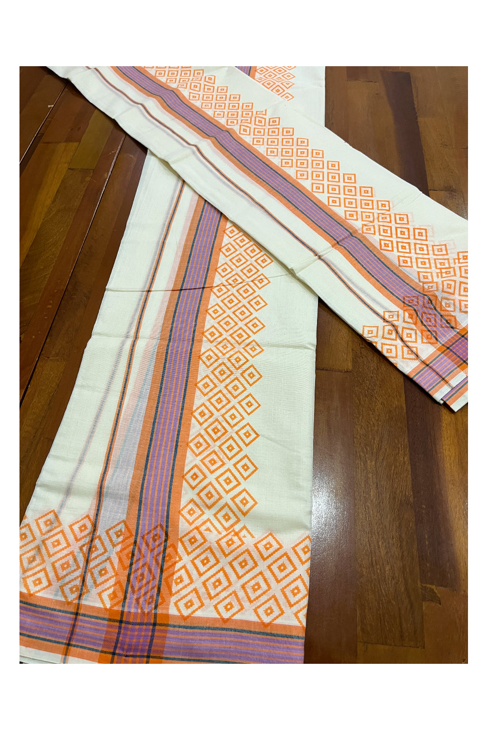 Kerala Cotton Mulloth Mundum Neriyathum Single (Set Mundu) with Orange Block Printed Border (Extra Soft Cotton)