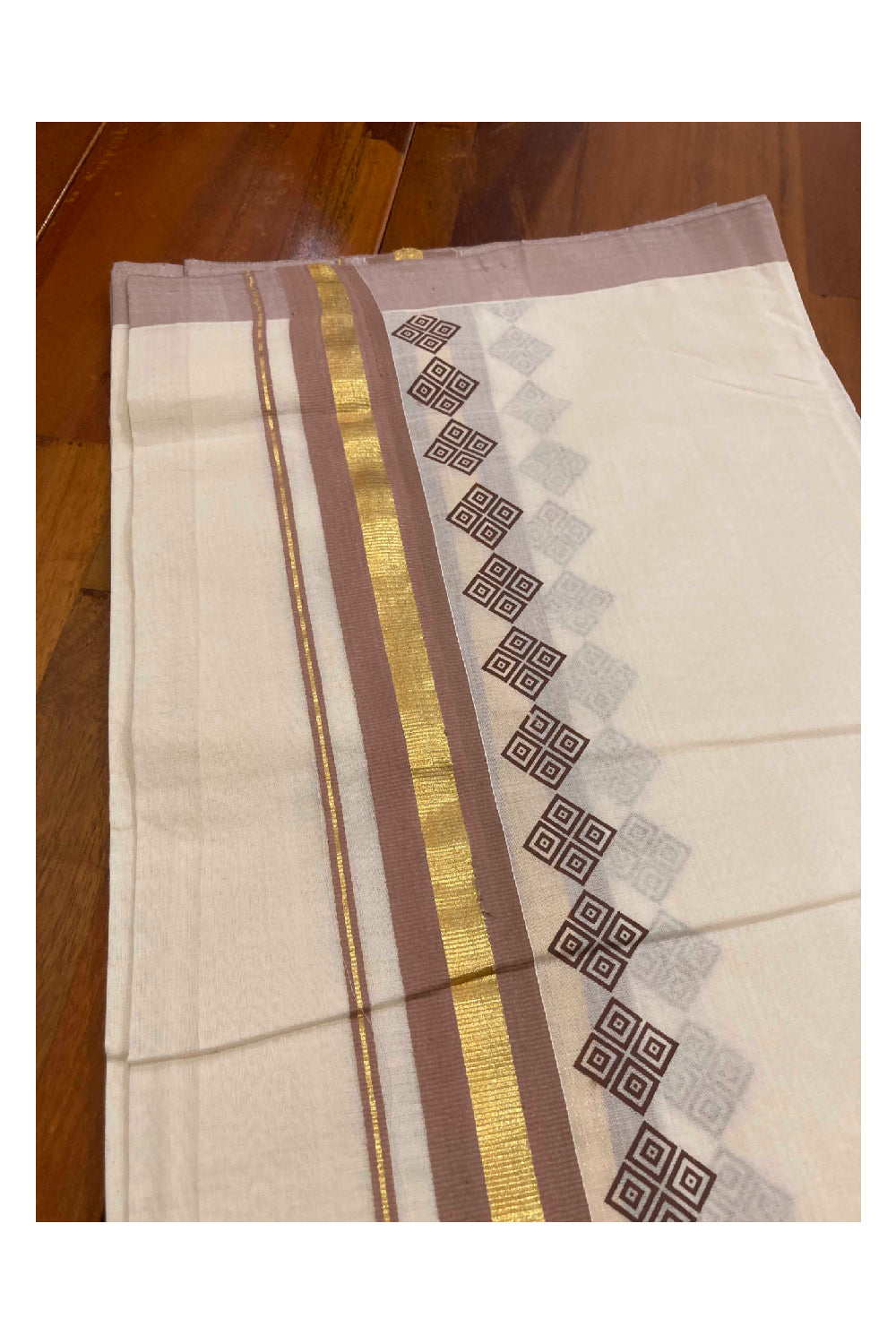 Southloom Balaramapuram Handloom Mundu with Light Brown and Kasavu Printed Border