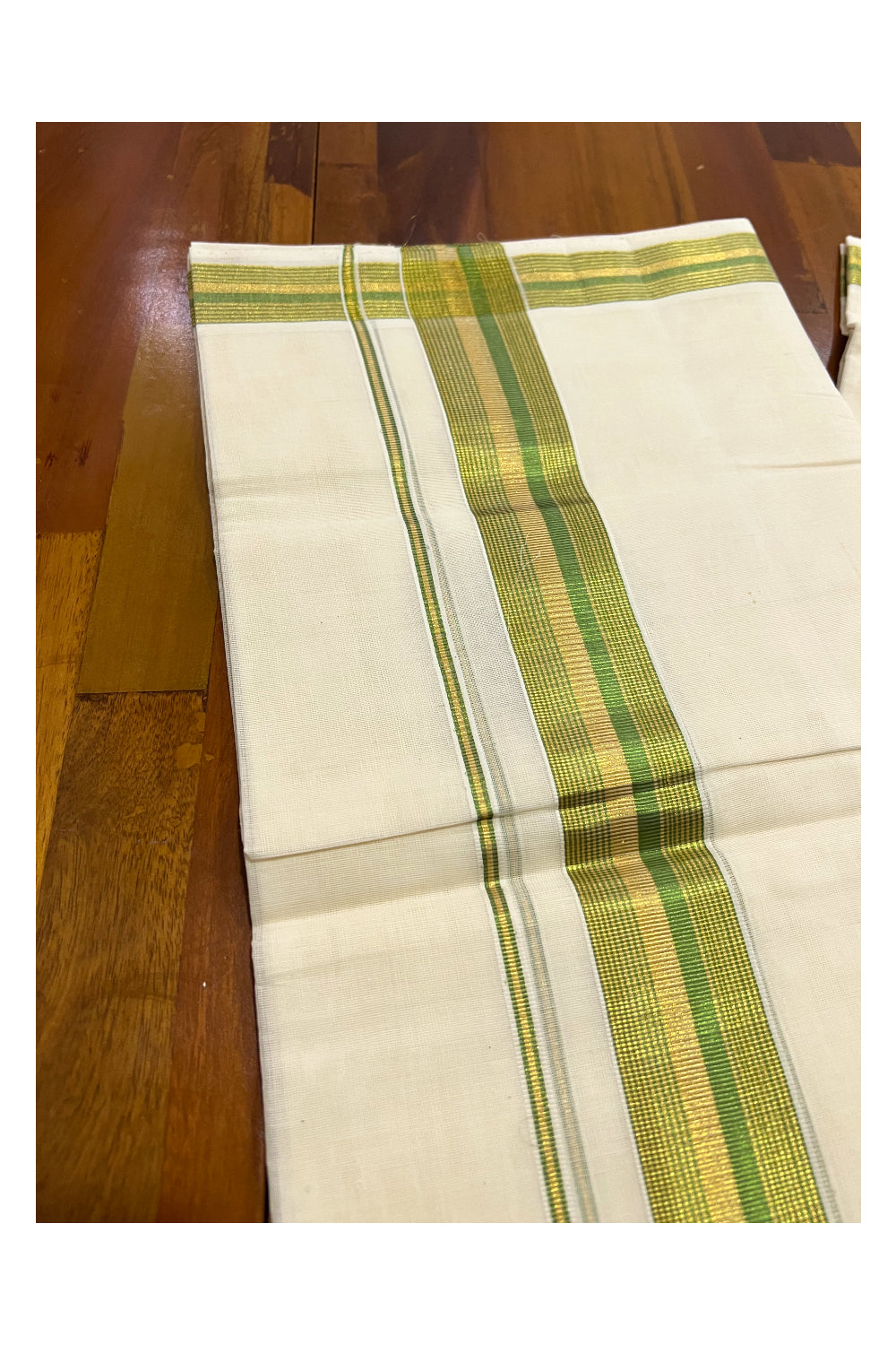 Southloom Premium Handloom Pure Cotton Mundu with Golden and Light Green Line Kasavu Border (South Indian Dhoti)