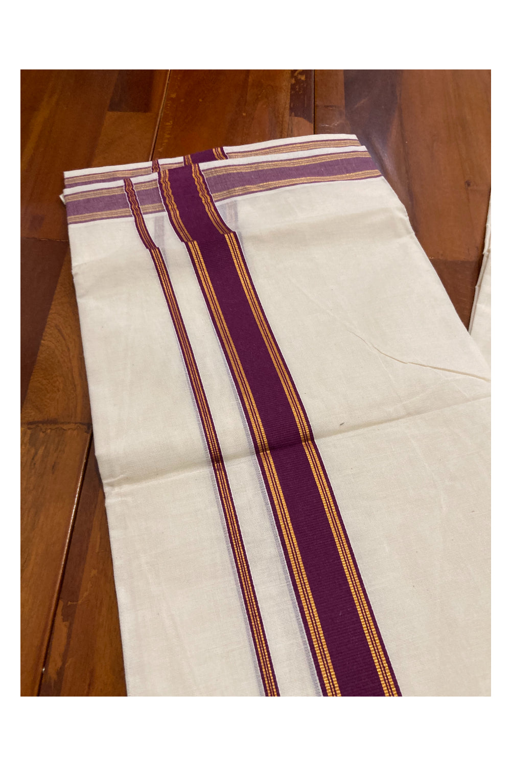 Off White Kerala Double Mundu with Kasavu and Deep Magenta Border (South Indian Dhoti)