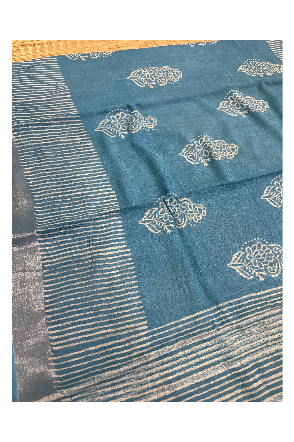 Southloom Linen Light Blue Designer Saree with White Prints and Tassels on Pallu