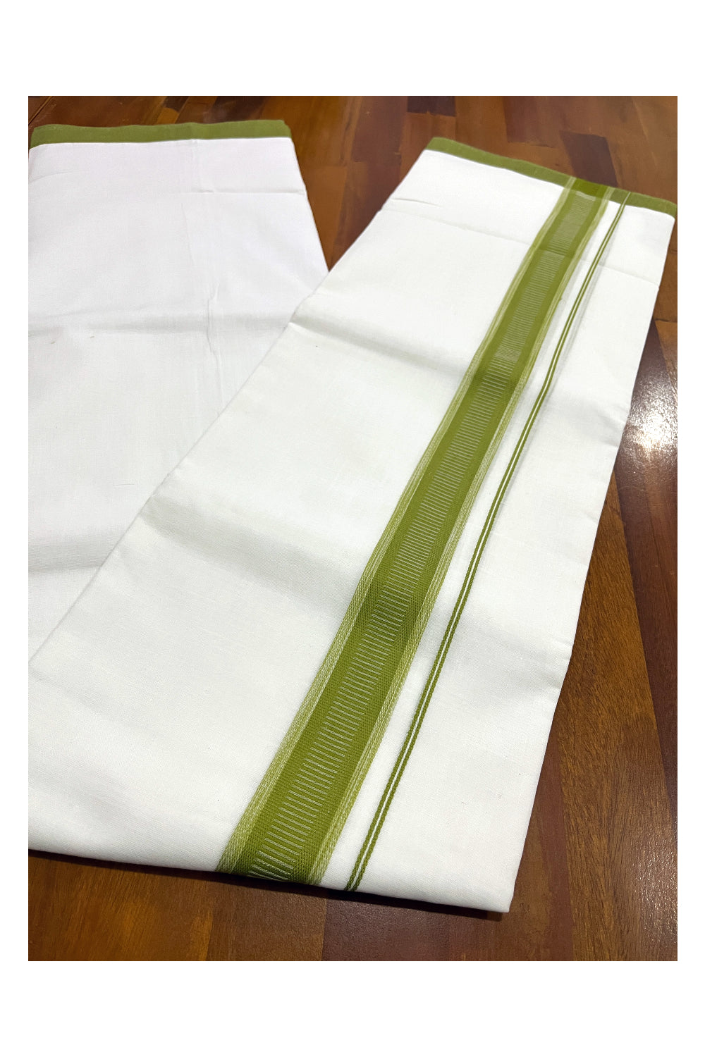 Pure White Cotton Double Mundu with Green Border (South Indian Dhoti)