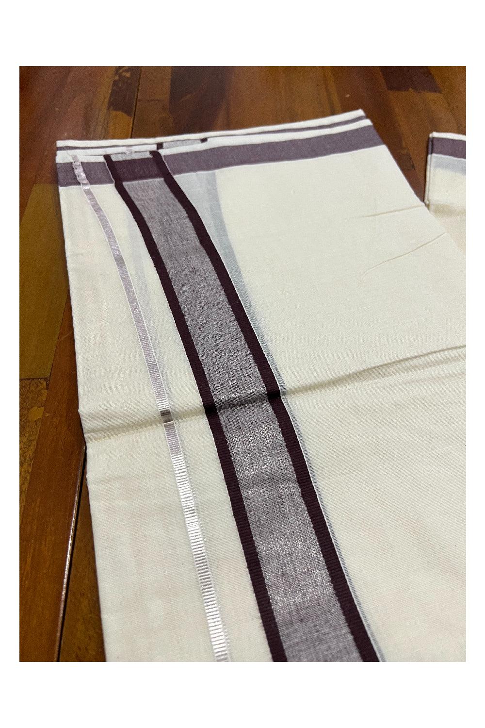 Pure Cotton Off White Double Mundu with Silver Kasavu and Dark Brown Border (South Indian Dhoti)