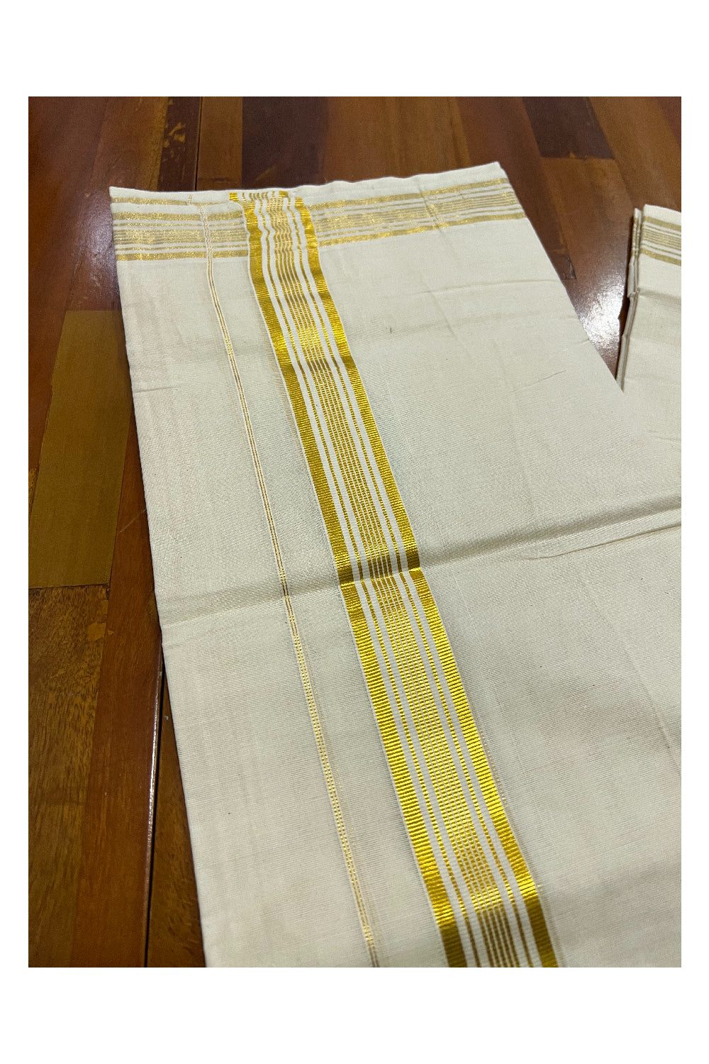 Pure Cotton Off White Double Mundu with Kasavu Line Border (South Indian Dhoti)