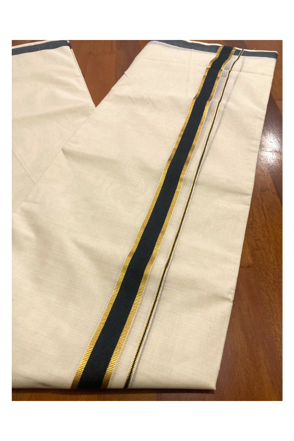 Pure Cotton Kerala Double Mundu with Kasavu and Black Border (South Indian Dhoti)