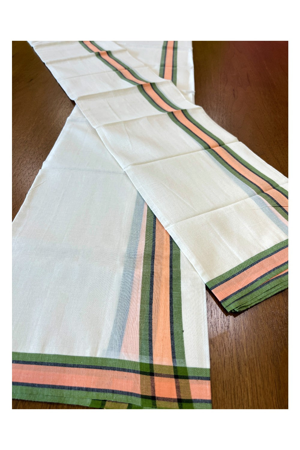 Kerala Cotton Mulloth Mundum Neriyathum Single (Set Mundu) with Green and Peach Border (Extra Soft Cotton) 2.80 Mtrs