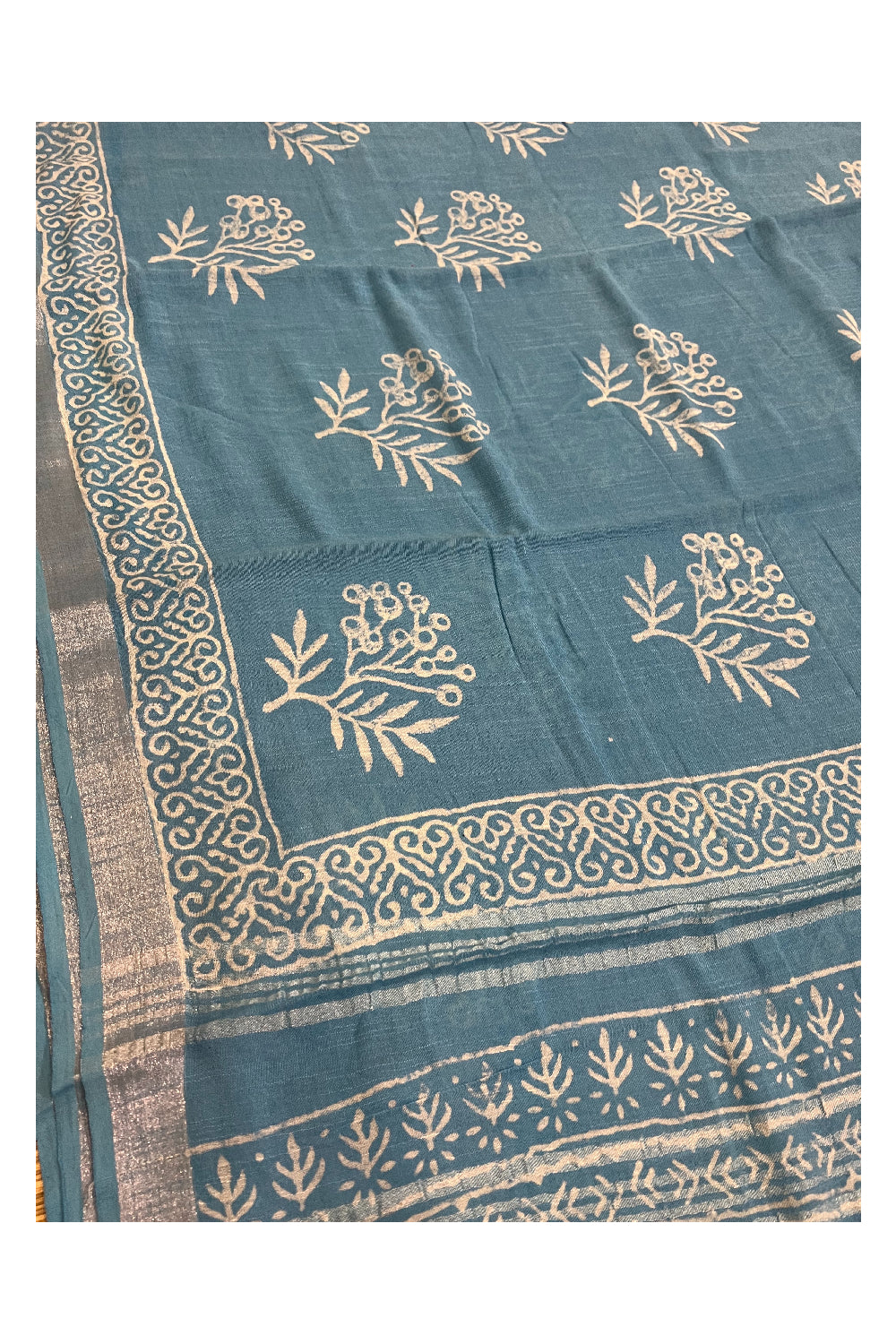 Southloom Linen Light Blue Designer Saree with White Prints and Tassels on Pallu