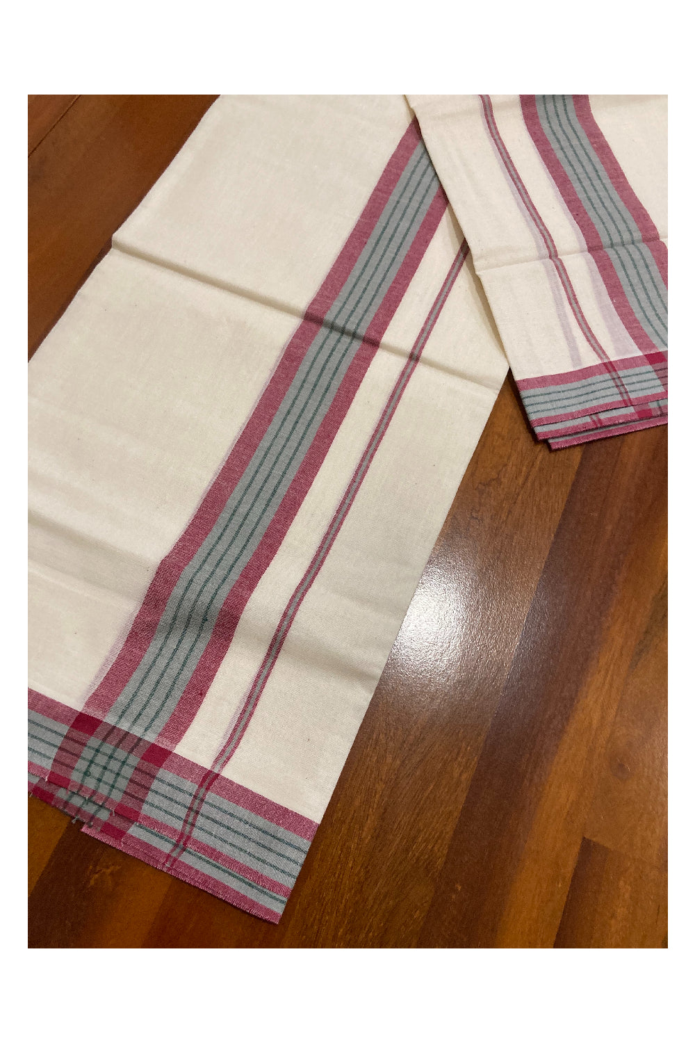 Kerala Cotton Mundum Neriyathum Single (Set Mundu) with Dark Red and Green Mulloth Border (Extra Soft Cotton)