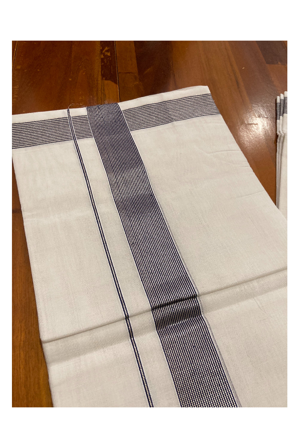 Southloom Premium Handloom Cotton Pure White Mundu with Silver Kasavu and Navy Blue Line Border (South Indian Dhoti)