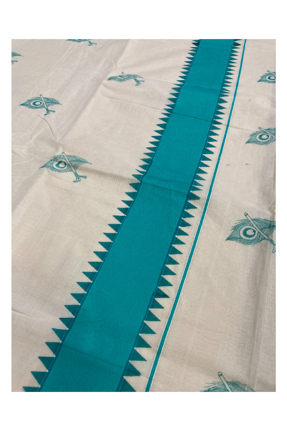 Pure Cotton Kerala Saree with Teal Peacock Feather Block Print Temple Border