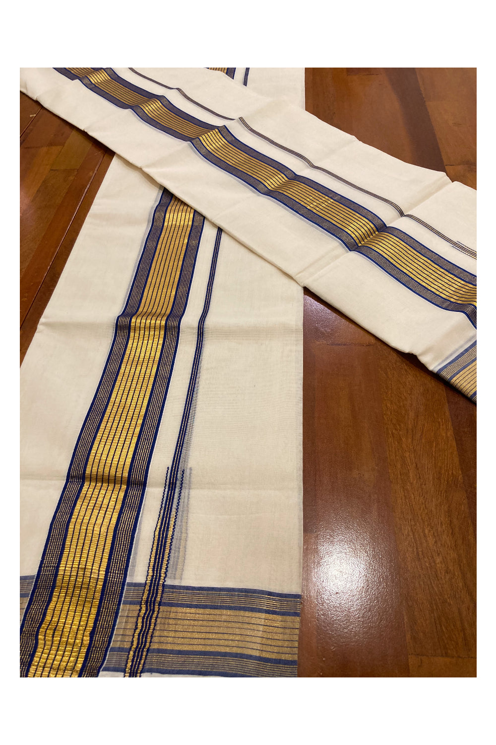 Southloom Premium Handloom Set Mundu with Kasavu and Blue Border 2.80 Mtrs