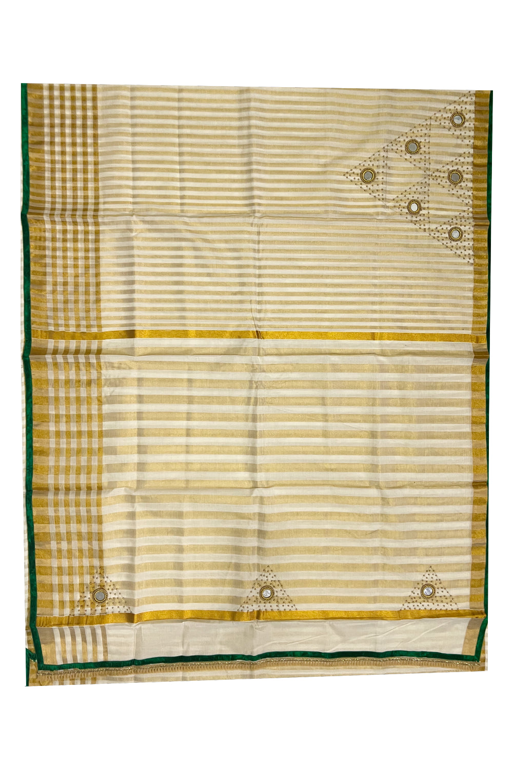 Kerala Tissue Kasavu Lines Saree with Bead and Mirrorwork Design and Green Piping Works on Border