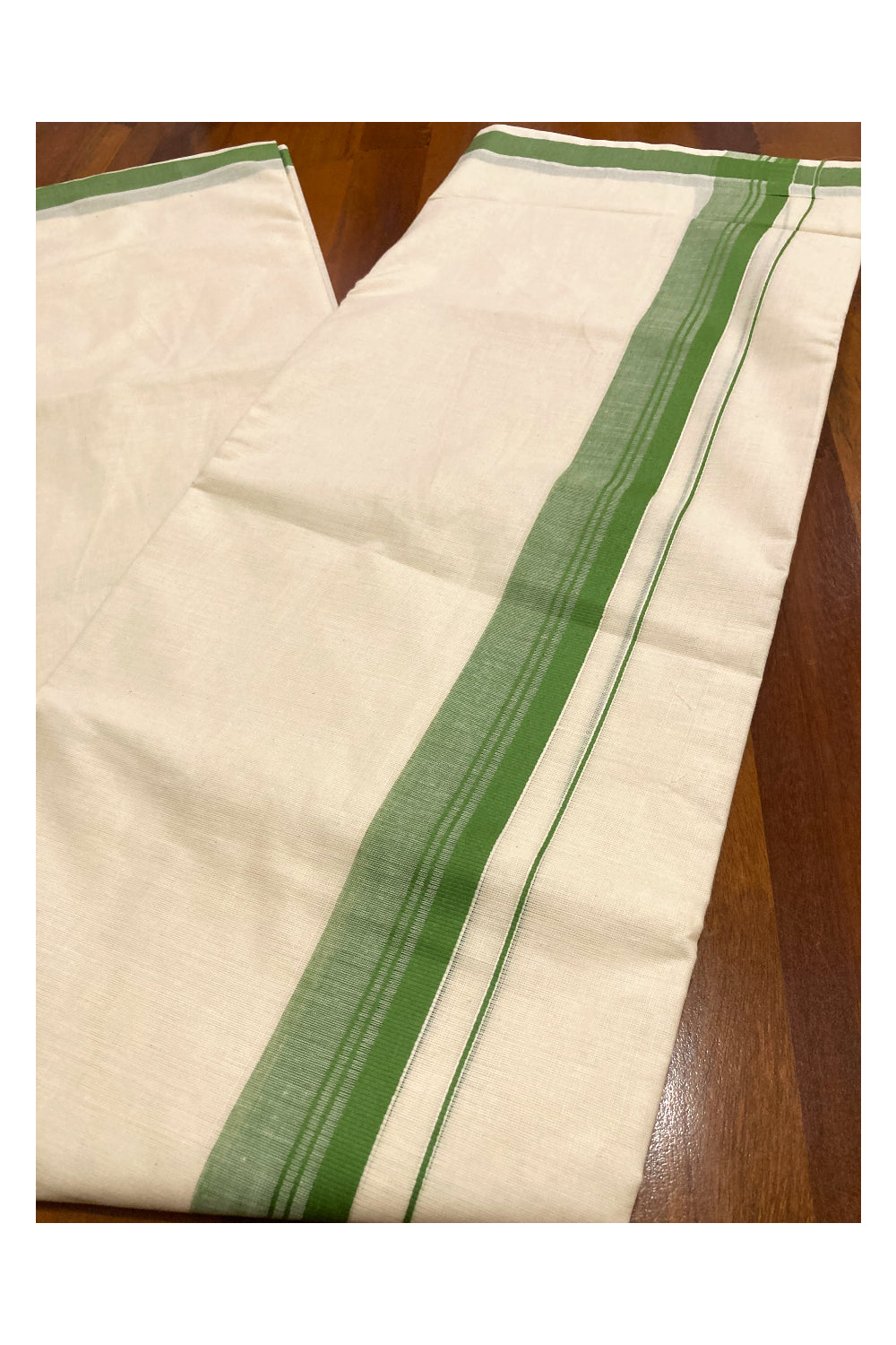 Off White Pure Cotton Double Mundu with Green Border (South Indian Dhoti)