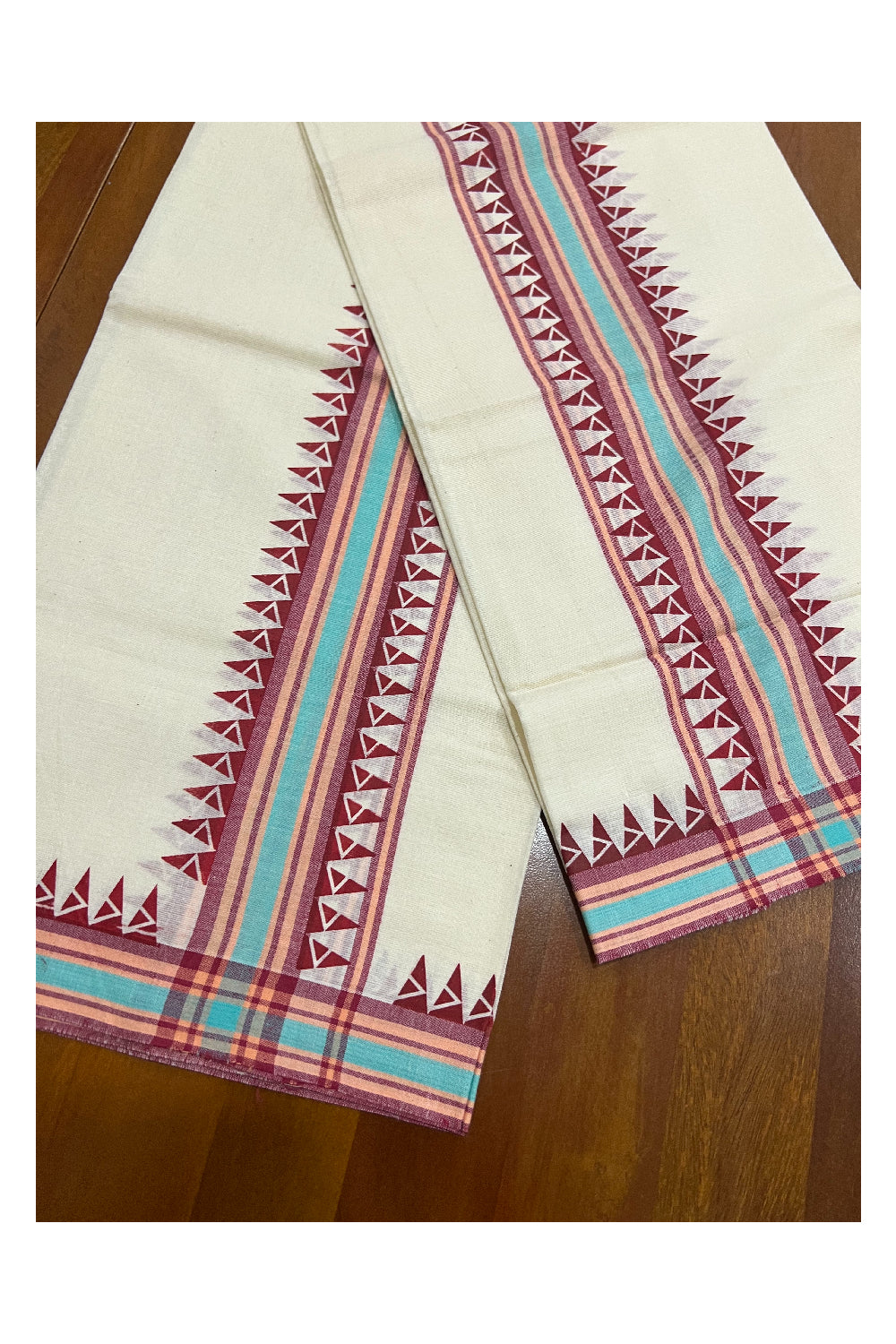 Kerala Cotton Mulloth Mundum Neriyathum Single (Set Mundu) with Dark Red Temple Block Prints and Turquoise Border (Extra Soft Cotton)