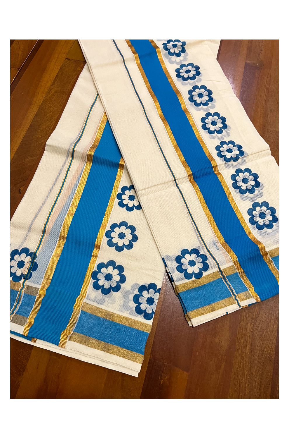 Pure Cotton Kasavu Single Set Mundu (Mundum Neriyathum Onam 2023) with Blue Floral Block Prints