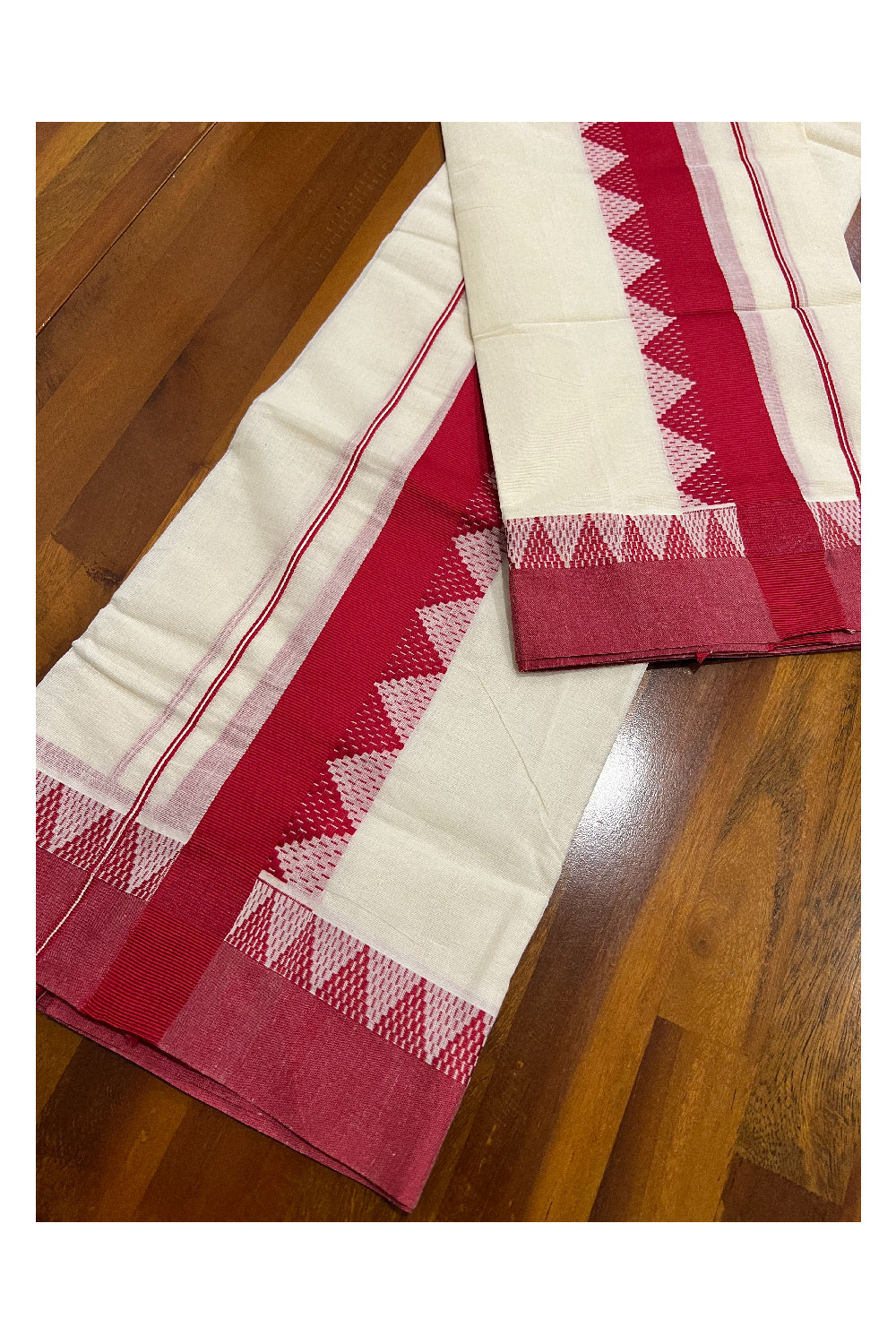 Kerala Cotton Mundum Neriyathum Single (Set Mundu) with Red Temple Woven Border